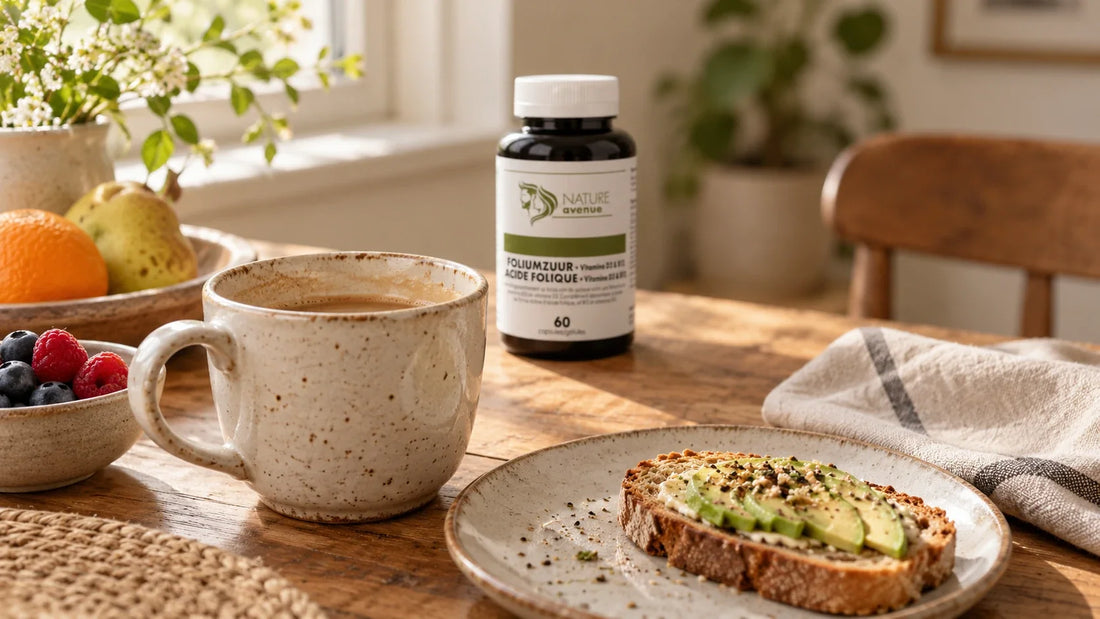 Foliumzuur met vitamine B12 en vitamine D3 van Nature Avenue op een ontbijttafel