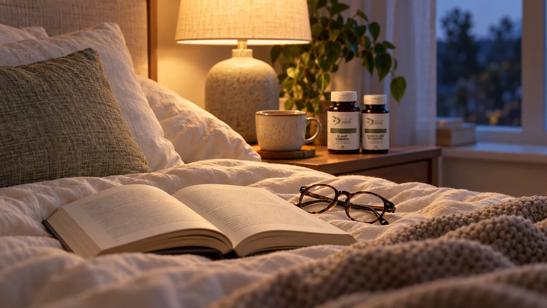 Slaap en Passiebloem van Nature Avenue op een nachtkastje met een boek en een leeslamp