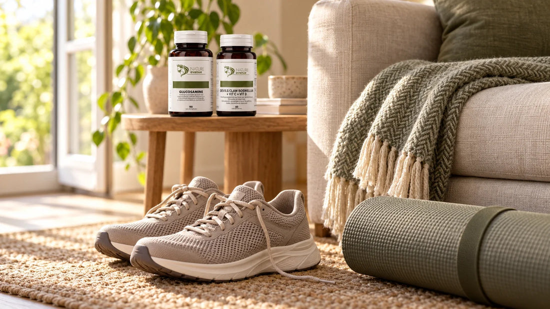Glucosamine + MSM en Devil's Claw & Boswellia van Nature Avenue naast sportschoenen en een yogamat