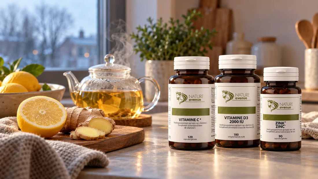 Vitamine C, vitamine D3 en zink van Nature Avenue op een keukentafel bij daglicht