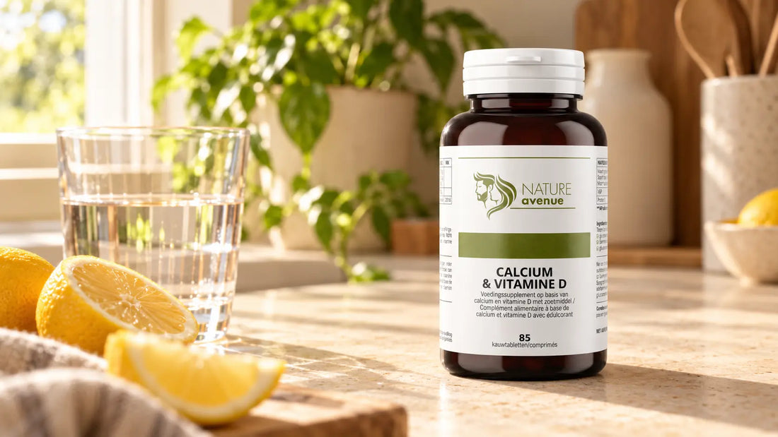 Calcium & Vitamine D kauwtabletten van Nature Avenue op een keukenblad met citroen en een glas water