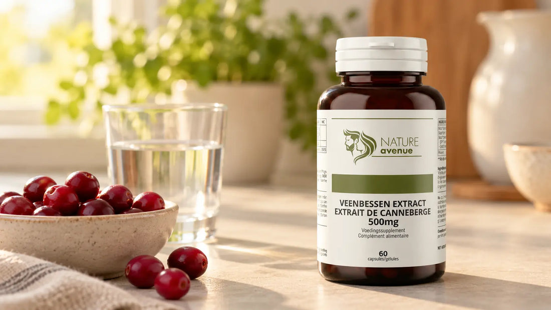 Veenbessen van Nature Avenue op een keukentafel naast een schaaltje verse cranberry's