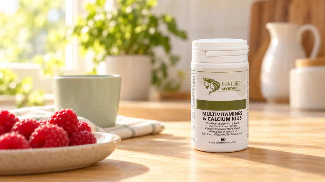 Multi-Vitamines Kids beertjes van Nature Avenue op een keukentafel met verse frambozen