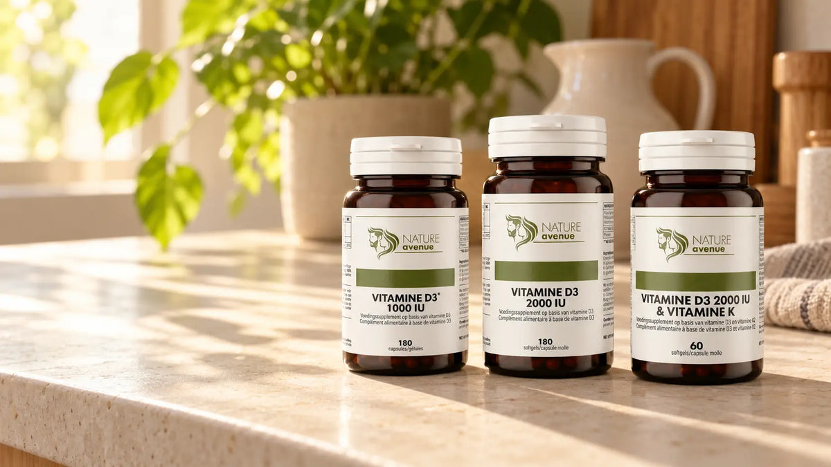 Vitamine D3 1000, 2000 en 2000 + K van Nature Avenue naast elkaar op een keukenblad