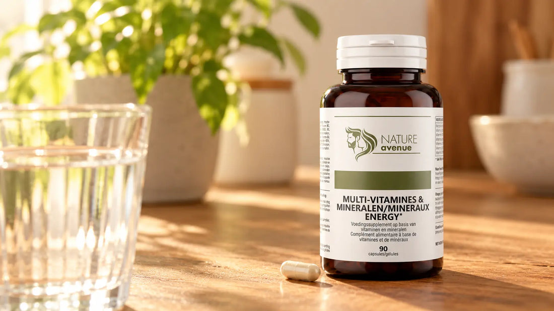 Multivitamine Energy van Nature Avenue op een houten keukentafel met een capsule en een glas water