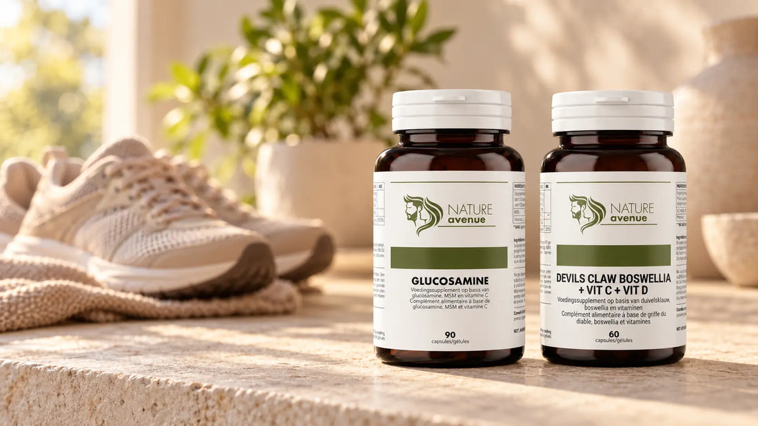 Glucosamine + MSM en Devil's Claw & Boswellia van Nature Avenue naast wandelschoenen