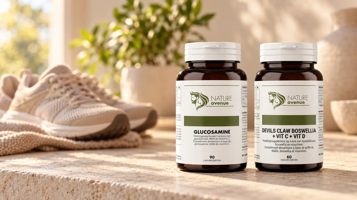 Glucosamine + MSM en Devil's Claw & Boswellia van Nature Avenue naast wandelschoenen